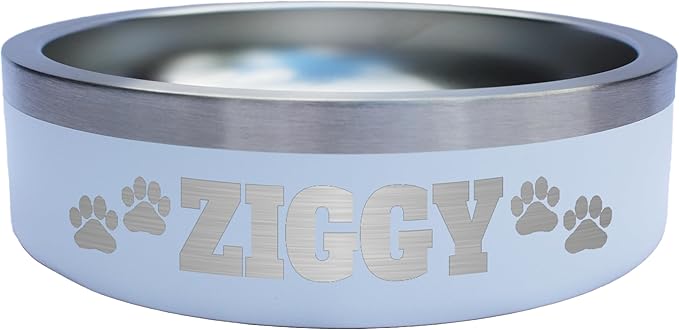 Custom Dog Bowl with Paws and Name - Engraved, Nonslip, Personalized, Custom Cat Bowl, 304 Stainless Steel, Feeding, Pet Supplies (White, Small -18oz)