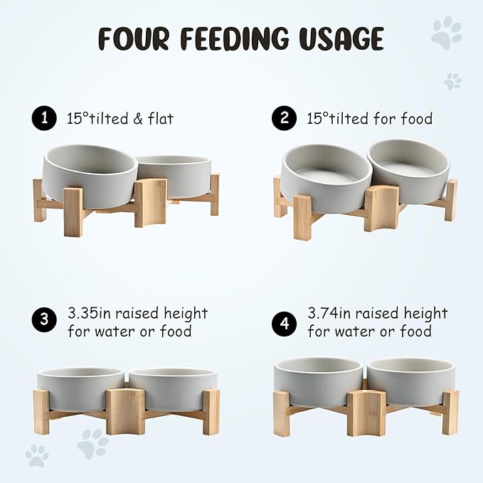 SPUNKYJUNKY 15° Slanted Ceramic Dog and Cat Bowl with Wooden Stand, Tilted Bulldog Food and Water Bowl No Slip Non-Spill for Cats Medium Dogs Big Face Pets 13.5 OZ (1.7 Cups, Grey × 2)
