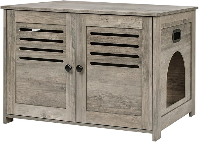 DINZI LVJ Litter Box Enclosure, Cat Litter House with Louvered Doors, Entrance Can Be on Left or Right Side, Spacious Hidden Washroom for Most of Box, Furniture Cabinet, Gray Wash