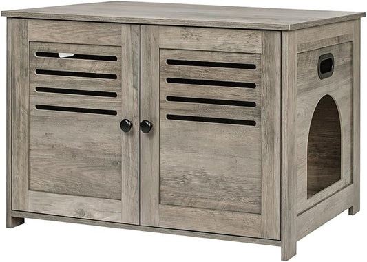 DINZI LVJ Litter Box Enclosure, Cat Litter House with Louvered Doors, Entrance Can Be on Left or Right Side, Spacious Hidden Washroom for Most of Box, Furniture Cabinet, Gray Wash