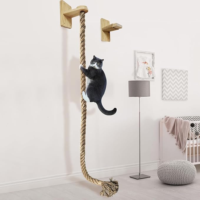 Cat Climbing Rope All-Mounted Scratching Posts Cat Tree with Climbing Rope, Large Ladder, and Resting Platform - Promotes Healthy Habits and Provides Endless Fun (Light Brown)