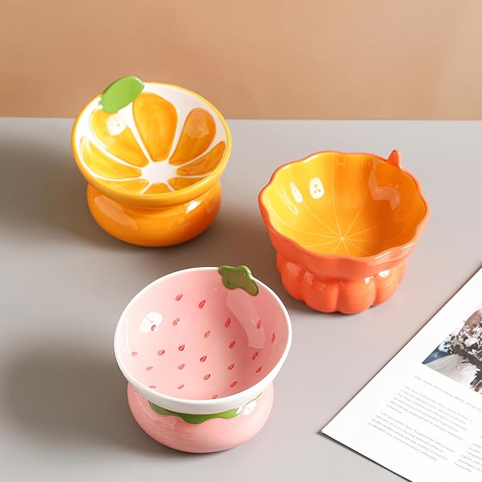 Ceramic Raised/Elevated Cat Food Bowl for Indoor Cats, Anti Vomiting & Protect Pet's Spine, Cute Fruit Themed Tilted Cat Dish for Flat Faced Cats and Kitten (Orange Shaped)