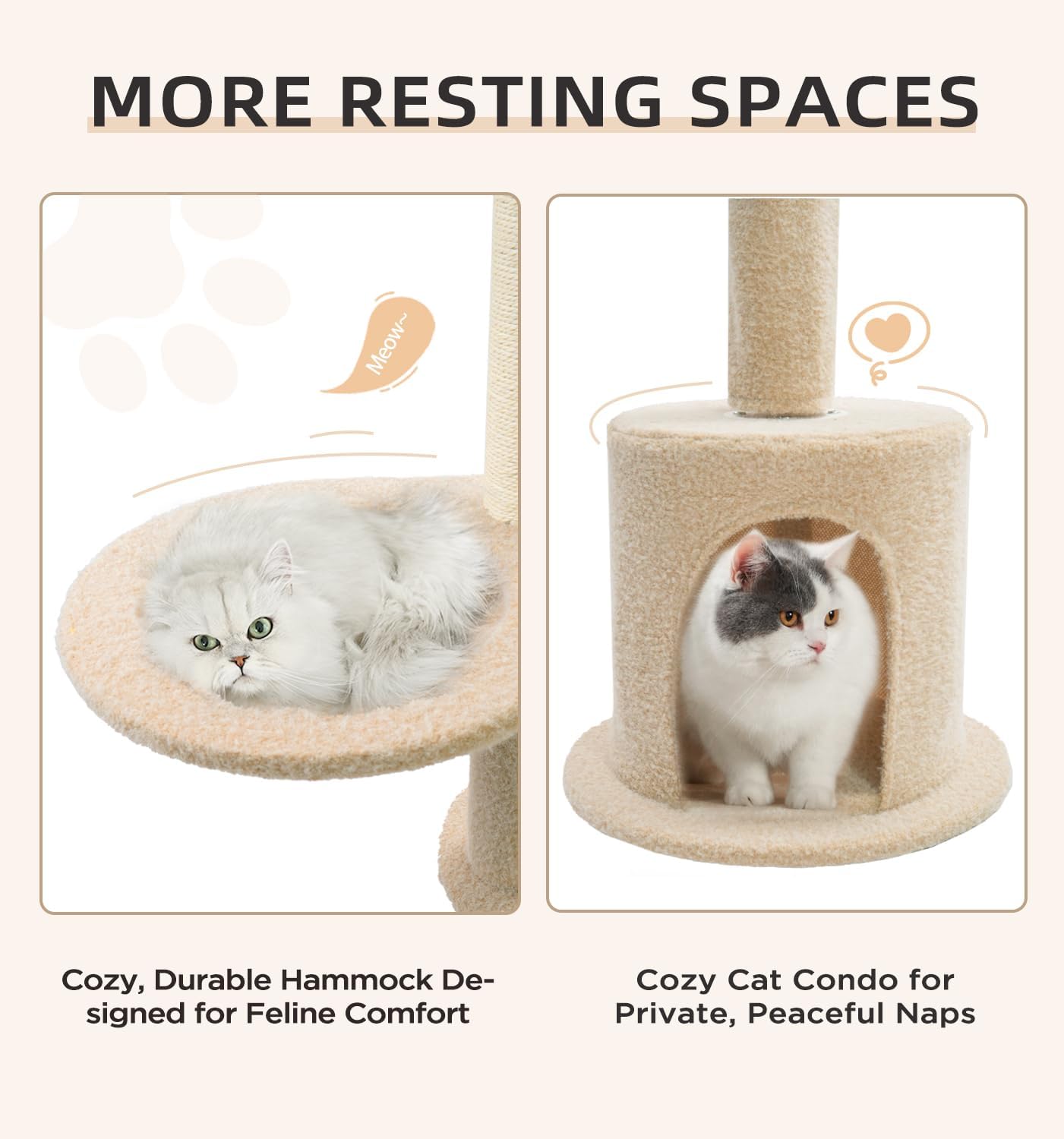 Made4Pets Floor to Ceiling Cat Tree 93-106'',Tall Cat Tower 5 Tiers, Adjustable Height, Stable Cat Tree Tower with Scratching Posts, Fluffy Condo, Hammock and Ball Toy for Indoor Cats/Kitten, Beige