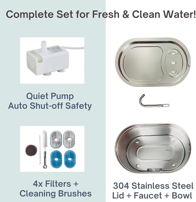 Stainless Steel Cat Water Fountain – 3.5L/118oz Automatic Pet Water Dispenser with LED Light, Quiet Pump, 4 Replacement Filters & Cleaning Brush – for Cats and Small Dogs