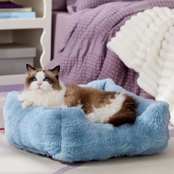 Lesure Fluffy Dog Beds for Puppy&Kitten- Orthopedic Rectangle Calming Pet Sofa,Fluffy Plush Bubble Bolster Cat Bed with Removable Washable Cover and Nonskid Bottom,20x19x6inches,Blue