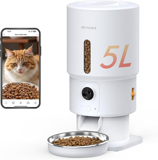 Automatic Cat Feeder with Camera - 5G WiFi Timed Cat Food Dispenser, 1080P HD Video with Night Vision, 1-15 Meals, 1-99 Portions, 2-Way Audio, Keeps Dry Food Fresh, 5L Auto Pet Feeder Also for Dogs