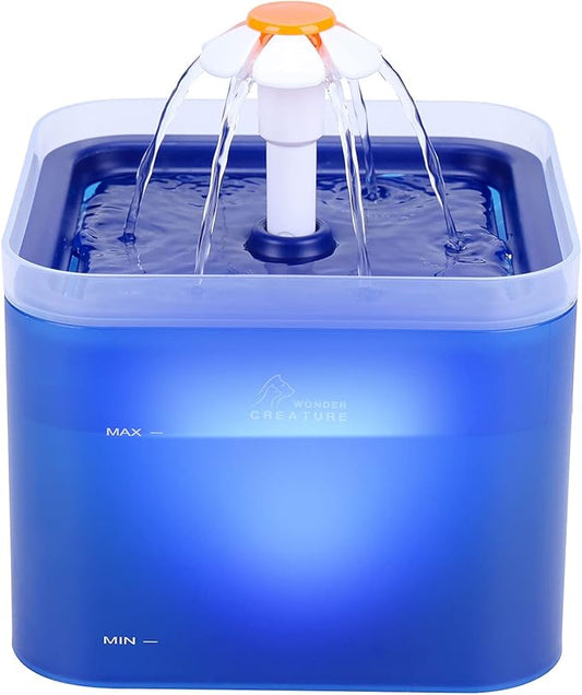 Cat Water Fountain, 67oz/2L Automatic Cat Drinking Fountain, Pet Water Dispenser with LED Light and Filter for Cats and Small Dogs (Blue)