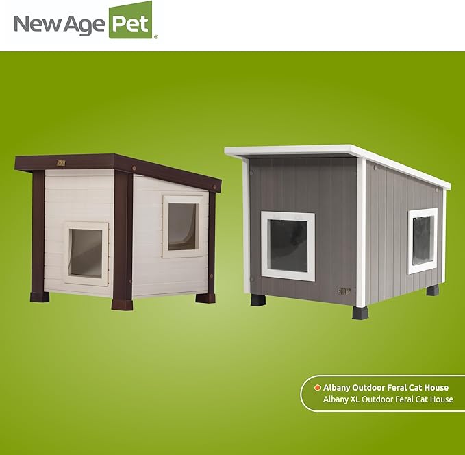 New Age Pet® ECOFLEX® Albany Outdoor Feral Cat House for Multiple Cats with Quick & Easy Assembly, 2 Vinyl Door Flaps Included, Moisture and Odor Resistant
