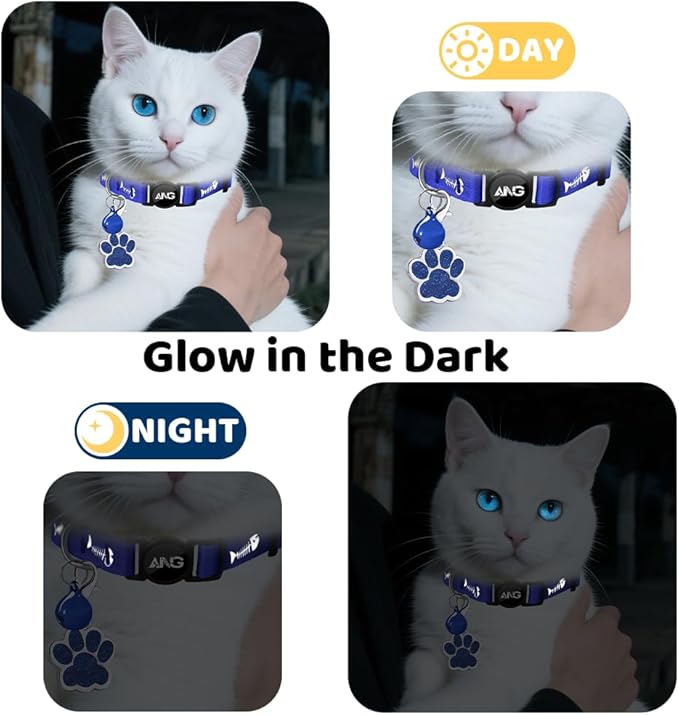 Personalized Breakaway Cat Collars Glow-in-The-Dark with ID Tag, Bell - Safety Quick - Release, Customizable for Female Male Kittens & Cats (Navy)