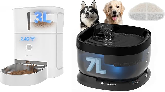 3L Automatic Cat Feeder,5G & 2.4G Wi-Fi Timed Cat Food Dispenser+Wirelss Dog Water Fountain 7L,Battery Operated Wirelss Dog Water Dispenser + 1-10 Meals Per Day