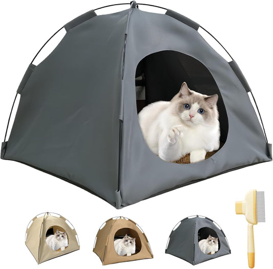 BreezyDen Pop-Up Pet Tent – Portable Hideaway for Cats & Small Dogs, Portable Indoor/Outdoor Pet Tent House with Mesh Window, Waterproof, Breathable, Scratch-Resistant, Fully Washable (Gray,L)