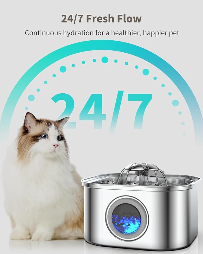 Cat Water Fountain Stainless Steel, 3.2L/108oz Cat Fountain with Water Level Indicator, Pet Water Dispenser with Quiet Pump Ideal for Cats, Dogs and Multi-pet households