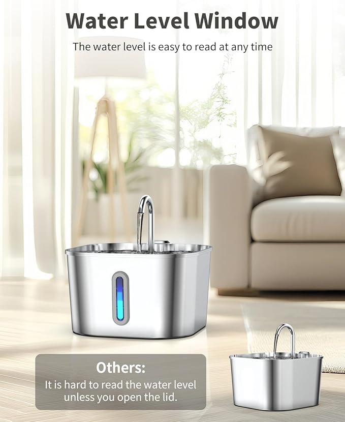 Cat Water Fountain Stainless Steel, 74oz/2.2L Automatic Cat Drinking Fountain, Pet Water Dispenser with Quiet Pump, Suitable for Cats, Dogs and Multi-pet households