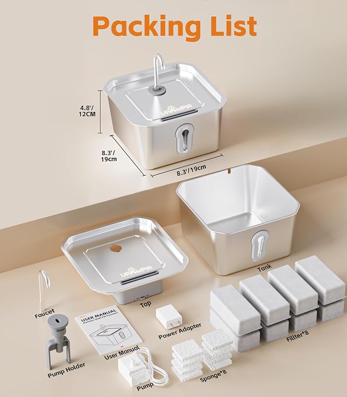 Cat Water Fountain Stainless Steel 135oz/4L Pet Water Fountain for Cats Indoor with 16 Filters Pets Dog Small Animal Automatic Dog Water Dispenser with 8 Filters 8 Sponges Quiet