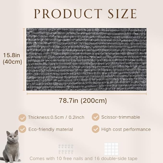 78.7"x15.8" Cat Scratching Carpet Mat Furniture Protector, Covering DIY Cat Tower,and Replacement Pads, Self-Adhesive Trimmable Mat Darkgrey