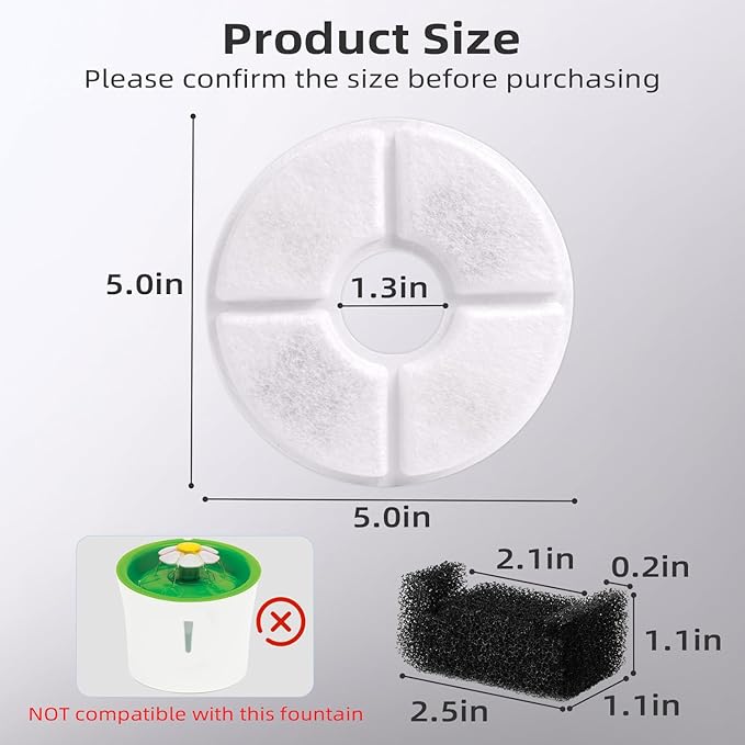 Filters Replacements for Flower Automatic Pet Fountains, Cat Water Fountain Replacement Parts and Dog Water Dispensers Filters for 81oz/2.4L Round Cat Water Fountains (4 Filters+2 Sponges)