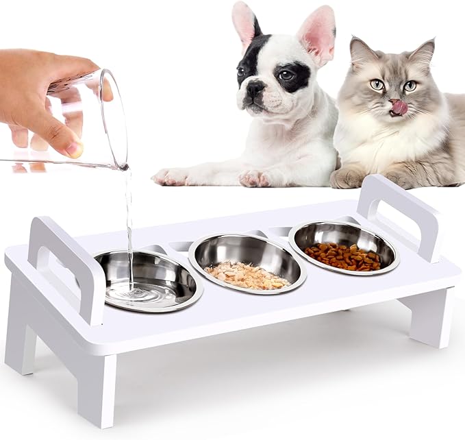 Elevated Cat Food Bowl, 3 Stainless Steel Raised Cat Bowls with Stand, 15°Tilted Cats Bowl for Indoor Cats, Pet Food and Water Bowl Set, Anti Vomitting, Whisker Fatigue and Dishwasher Safe - White