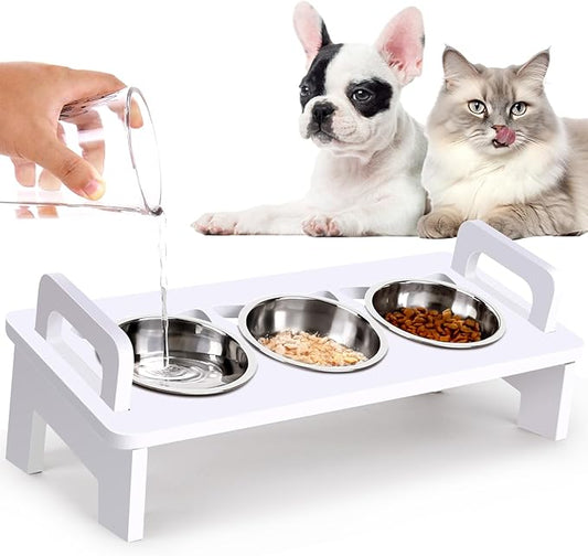Elevated Cat Food Bowl, 3 Stainless Steel Raised Cat Bowls with Stand, 15°Tilted Cats Bowl for Indoor Cats, Pet Food and Water Bowl Set, Anti Vomitting, Whisker Fatigue and Dishwasher Safe - White