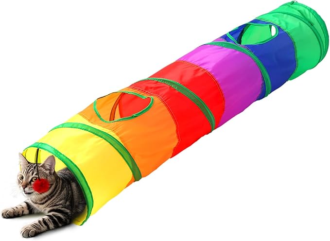 ‌Coolcandy Cat Tunnel & Interactive Cat Toy Indoor, Long Straight Through Tunnel Toys for Indoor Cats, Collapsible Interactive Peekaboo Cave with Play Ball, for Multi-Way Play & Small Animals