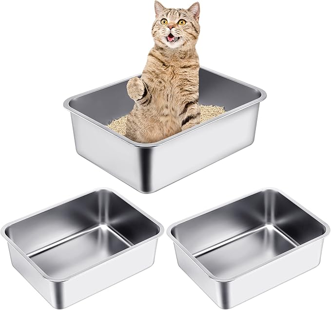 Gerrii 3 Packs Extra Large Stainless Steel Litter Box for Cat with High Sides, Non Stick Smooth Surface, Easy to Clean for Cat Bunny(17.7 x 13.8 x 5.9)