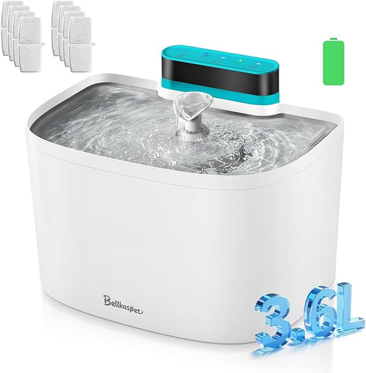 Cat Water Fountain, 122oz/3.6L Pumpless Cat Fountain, Cordless Water Fountains for Cats Indoor, Dog Pet Water Fountain Battery Operated with Stainless Steel Tray (White, Fountain+8 Fliters)