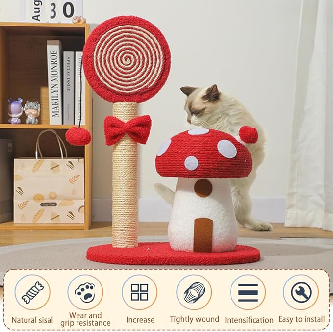 Mushroom Lollipop Cat Scratcher Furniture Mushroom Cat Tree Condo Cat Climbing Frame Sisal Rope Cat Tower for Indoor Cats (Red)