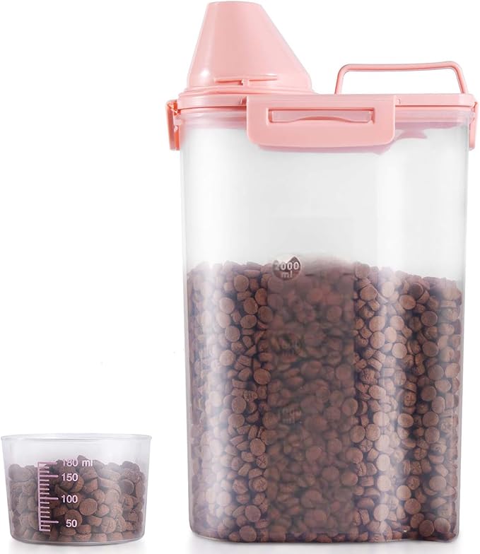 SenseYo 2.5lb Pet Food Storage Container with Measuring Cup, 3L Cat Food Storage Container Dog Food Storage BPA Free for Small Dog, Cat, Bird (Pink)