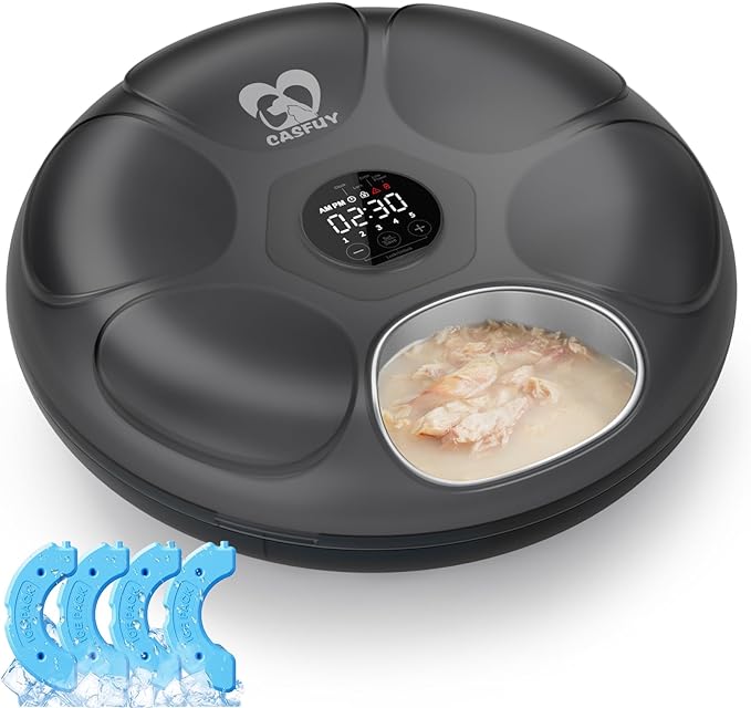 Casfuy Automatic Cat Feeder Cordless - Automatic Cat Food Dispenser with Stainless Steel Tray for Wet Food Rechargeable Auto Feeder for Cats Small Dogs with Programmable Timer Low Battery Indicator