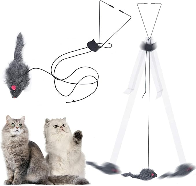 Cat Toy Rope Mouse Play Supplies, Hanging Retractable Cat Catching Mouse Toy, Funny Door Hanging Bouncing Mouse Retractable Plush Mice Cat Interactive Toy (Black)