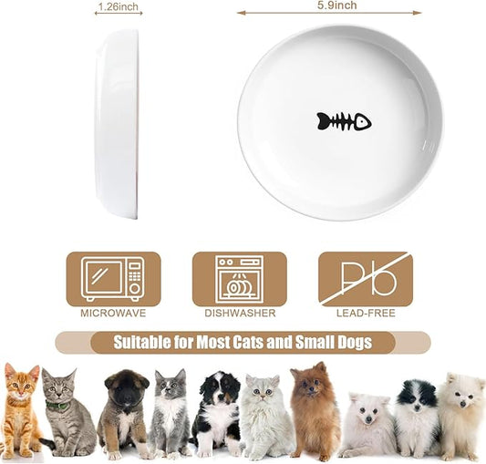Shallow Ceramic Cat Bowls, 5.9 Inch Wide Cat Dishes Whisker Friendly, 3 Pack Pet Food and Water Plates with Non Slip Mats