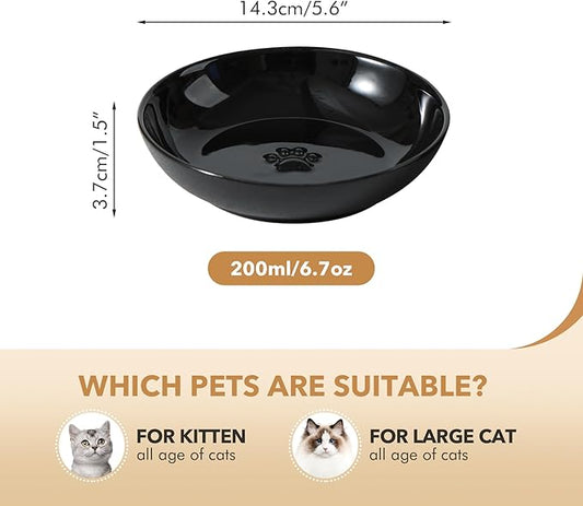 5.7'' Ceramic Wide Whisker Friendly Cat Dishes, Set of 3 Ceramic Cat Bowls, Indoor Kitten Feeding Food& Water Dish to Prevent Whisker Fatigue(3 Pcs, Black)