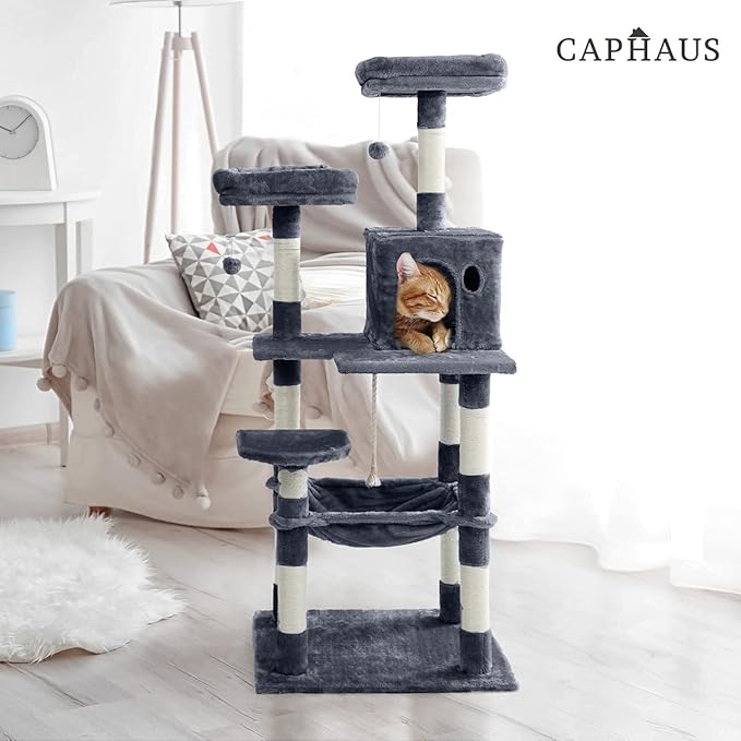 CAPHAUS Tall Cat Tree for Indoor Cats, Modern Cute 58-Inch Cat Climbing Play Tower with Top Perch for Large Cats Kittens, Multi-Level Cat Activity Tree w Scratching Posts, Hammock, Cat Cave Condo