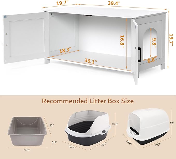 Homhedy 39.4" L Cat Litter Box Enclosure, Pet House with Barn Door, Wooden Cat Washroom Furniture, Fit Most of Litter Box, White