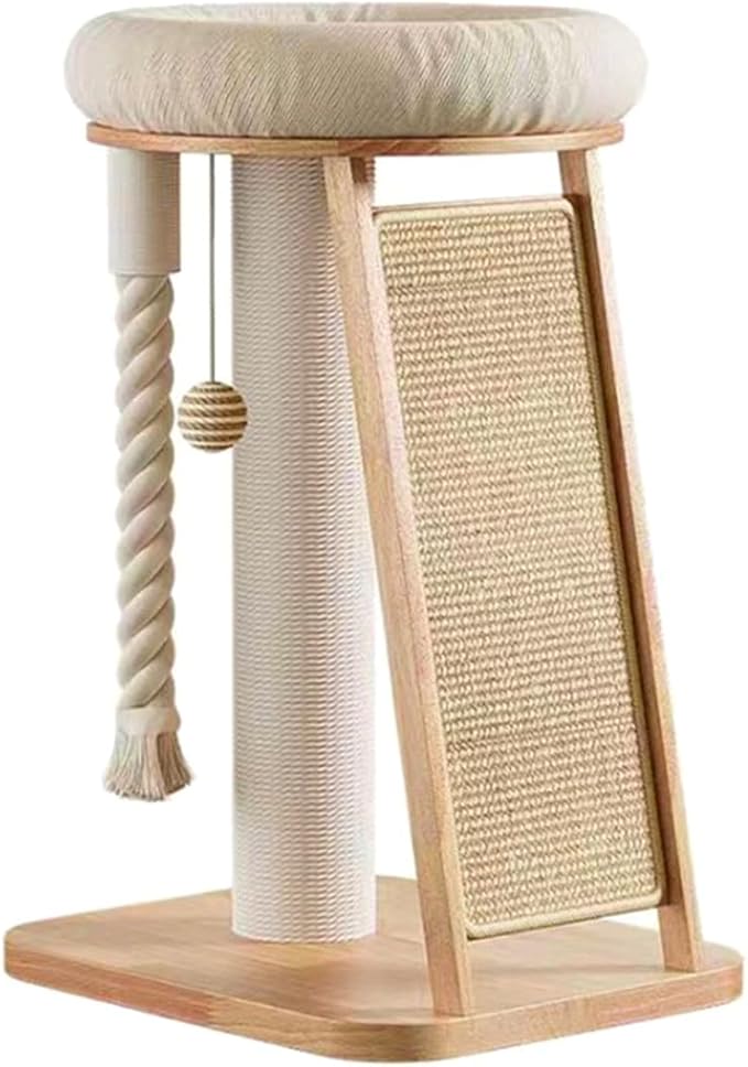 SHENGOCASE Modern Natural Wood Cute Multifunctional Cat Tree Tower Small, Large Sisal Scratching Post, Tilted Angled Ramp Scratcher, Climbing Rope Toy and Cuddle Bed