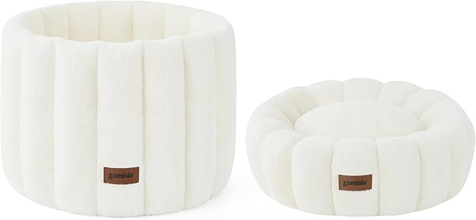 Plush Donut Kitten Beds, Round Small Dog Bed for Puppies, Anti-Slip Bottom, Beige