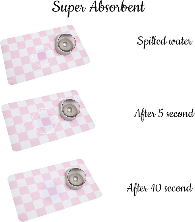 Ralxion Checkered Dog Feeding Mat, Absorbent Mats for Dog Food and Water Bowl, Dispenser, Retro Aesthetic Pink Checkerboard Pet Placemat for Dogs, Cats, Puppy Accessories, 12" X19”