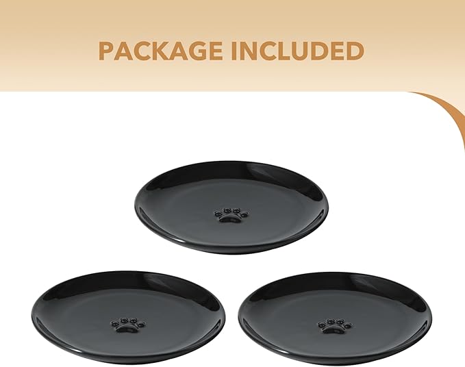 6.1'' Ceramic Wide Cat Dishes, Set of 3 Ceramic Cat Bowls, Indoor Kitten Feeding Wet & Dry Shallow Food Dish Anti Whisker Fatigue(3 Pcs, Black)