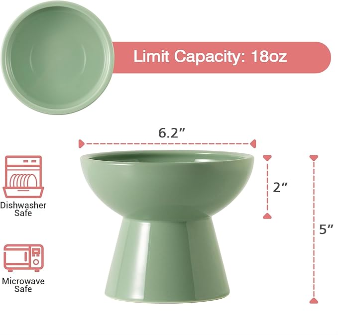 Extra Wide Elevated Ceramic Cat Water Bowl - 6.2" Deeper Dish for Whisker Fatigue Relief, 5" Height for Easy Feeding, Lead & Cadmium Free, Durable Raised Cat Bowls, Green