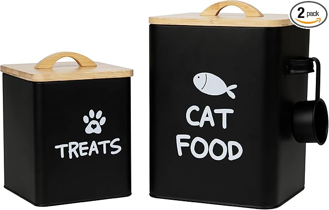 Calindiana Airtight Cat Food Storage Container with Bamboo Lid & Scoop – Farmhouse Cat Food Organizer, Gifts for Cat Lovers (Matte Black)