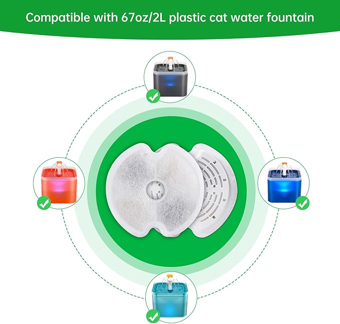 12 Packs Cat Water Fountain Filters for Ultra Silent Cat Fountain 67oz/2L with LED Night Light, Triple Filtration System Activated Carbon Filter with Pre-Filter Sponges for Pet Water Fountain