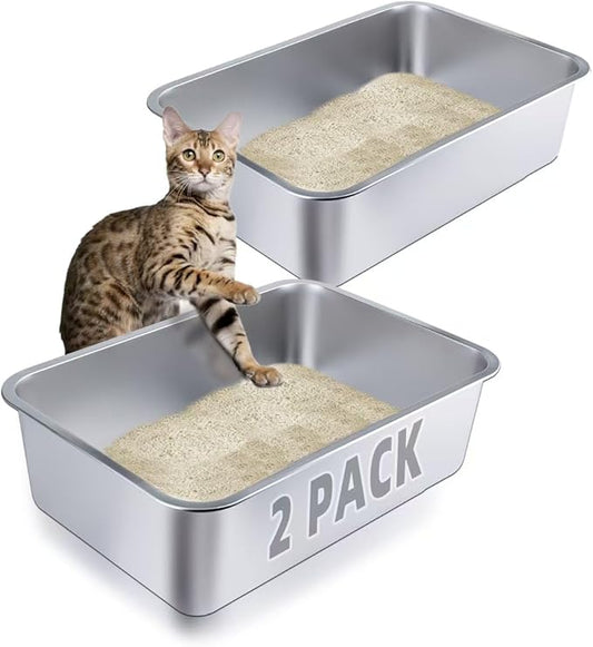 2 Pack Stainless Steel Cat Litter Box - Metal High-Sided Litter Pan for Cats, Rabbits, and Pets, Non-Stick, Odor-Free, Easy to Clean, Splash-Proof, Sturdy and Durable Indoor Cat Toilet Supplies