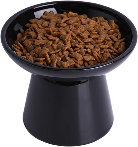 Extra Wide Elevated Cat Food Bowl, Ceramic Cat Bowls for Food and Water, Wide Shallow Cat Food Dish, Whisker Fatigue, Lead & Cadmium Free, Great Height for Cat（Black-1pc）