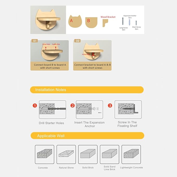 SHENGOCASE 6.7" x 7.5" Solid Wood Wall Mounted Cat Steps, Cat Wall Furniture Shelves Stairs Perch