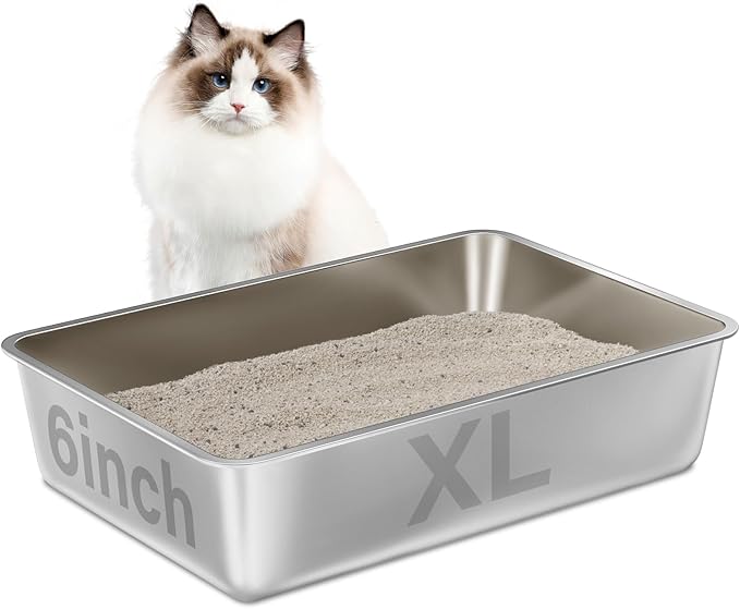 Stainless Steel Litter Box XL, Metal Cat Litter Box High Sides，23.6"x15.8"x6" (Deep) Extra Large Stainless Steel Cats Litterbox for Big/Fat Cats/Kitty Indoor, Non Stick No Smell Easy Clean