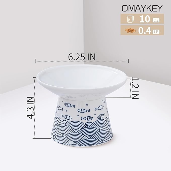 OMAYKEY Extra Wide Cat Bowls, 6.25 Inch Ceramic Raised Cat Bowl Set for Food & Water, Wide Shallow Pet Food Dish, Anti Vomiting, Stress Free, Whisker Fatigue, 2 Packs, Blue