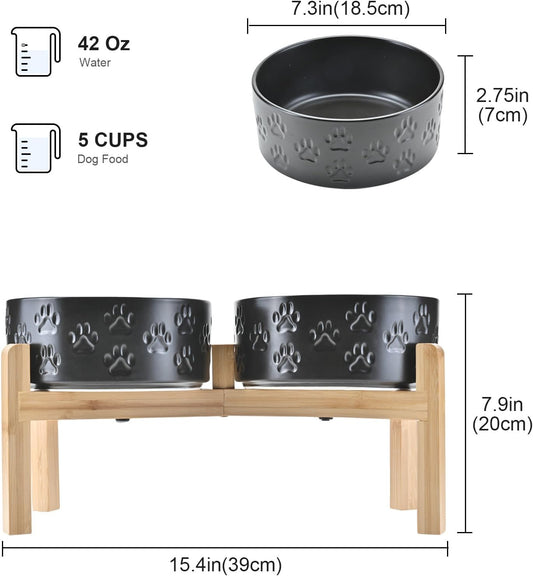 SPUNKYJUNKY Elevated Dog Bowls Ceramic, 7.3'' Dogs Food Water Bowls Raised with Non-Slip Bamboo Stand for Medium to Large Sized Breed Microwave Dishwasher Safe - 42 OZ,Paw Black