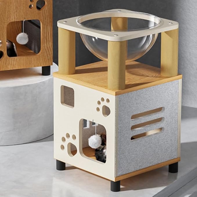 Pet Sleeping House Wooden,Cat Scratcher Box House,Log Color and White Large Cat Shelter,Wooden Box Pet House (Height, 14.96in)