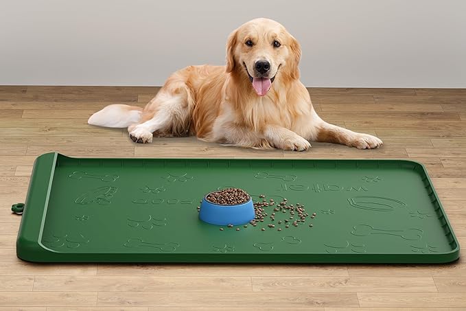 Dog Food Mat - Silicone Dog Mat for Food and Water - 36" x 24" Large Pet Feeding Mats with Residue Collection Pocket - Waterproof Dog Cat Bowl Mat with High Edges to Prevent Water Food Spills (Green)