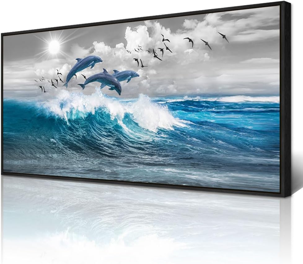 Wapluam Large Wall Art For Living Room Wall Decorations For Bedroom Blue Waves Of The Sea Wall Pictures Artwork Modern Office Dolphins Canvas Print Wall Paintings Black Framed Home Decor Poster
