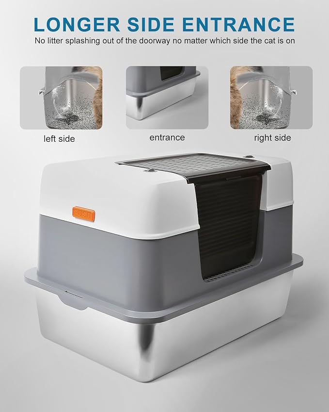 Stainless Steel Cat Litter Box Enclosed with Lid，Covered Metal Kitty Litter Box with Litter Mat and Odor Reduction Pack(2kg), Metal Scoop，Switchable Design, Easy Clean，Odor-Control, Leak-Proof